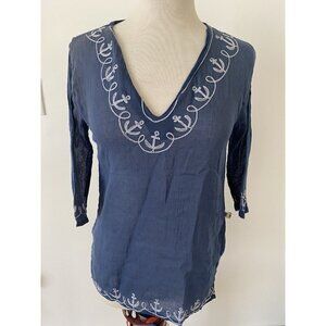Dei Women’s Tunic Top Size S 3/4 Sleeve V Neck Cotton Swim Nautical Anchor